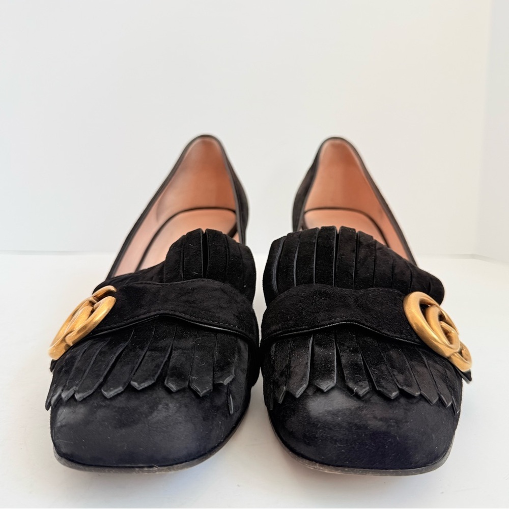 Gucci Black Suede Leather Marmont GG Fringe 55mm Loafer Pumps EU 37.5 - Picture 6 of 11